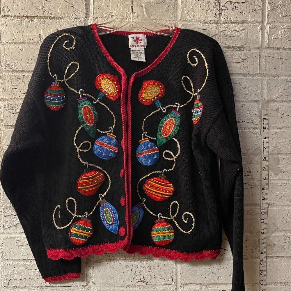 Vintage Nutcracker Embellished Cardigan Ugly Christmas Ornament Sweater  Med